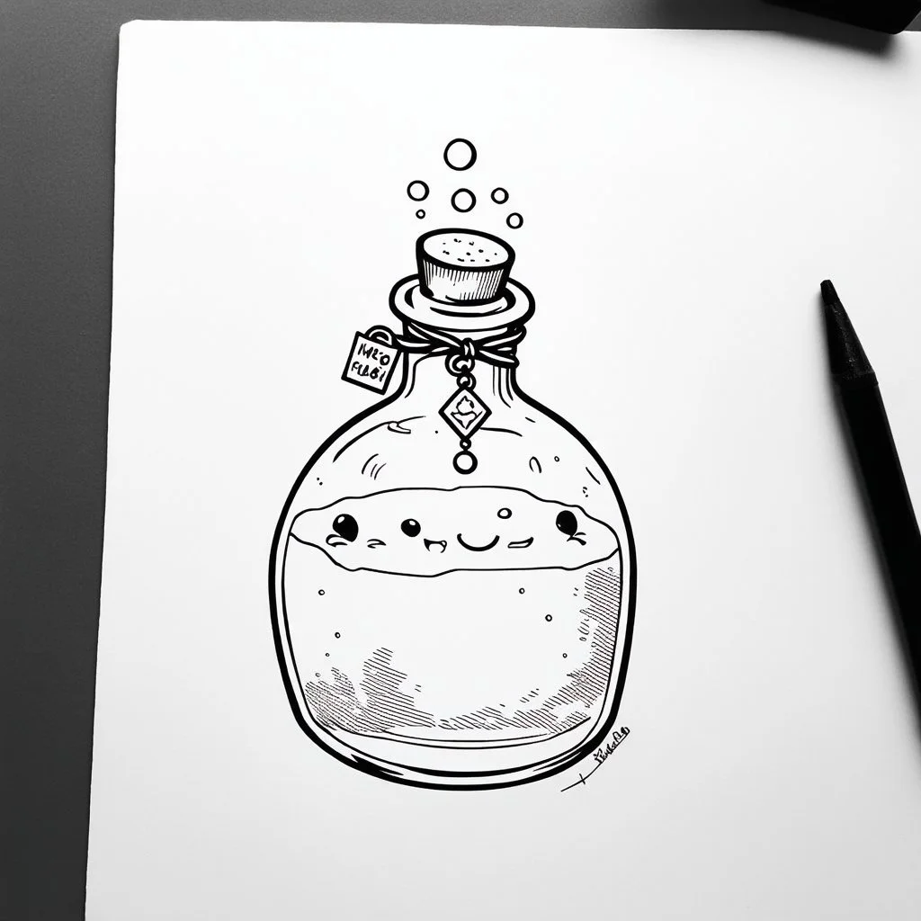 Make black and white cute drawing of a Magic Potion Bottle with black bold lines. Only outline, no grayscale. A quirky bottle with a glowing liquid inside. Add bubbles rising to the top, and give the bottle a whimsical cork with patterns and a tiny charm tied around its neck.