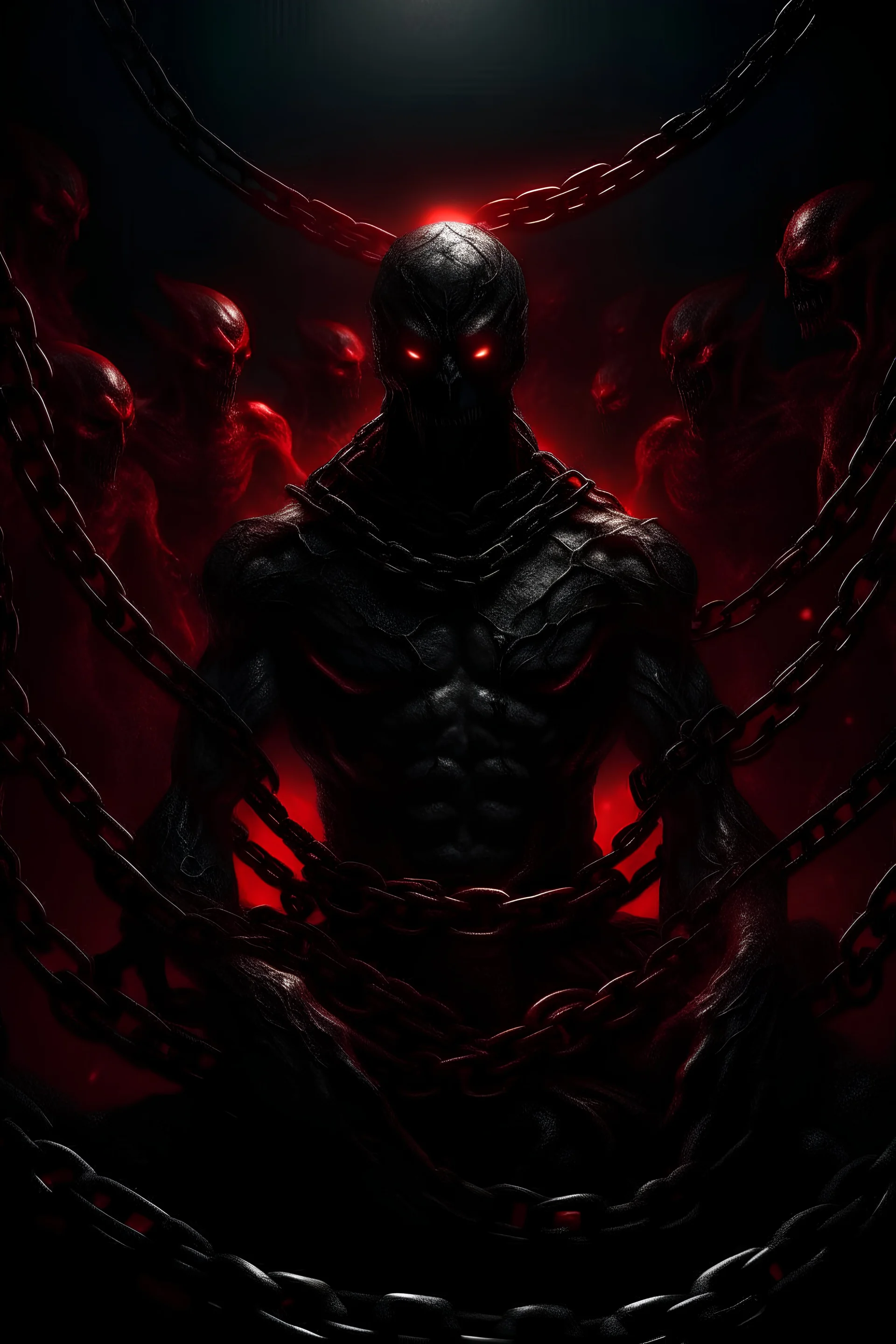 A terrifying artistic image depicting a demon bound in chains and surrounded by a crowd of jinn. The picture is composed in a mysterious and dark atmosphere, with deep shadows and bright red colors. The image was created using digital graphic technology and manipulations of light and shadows. The image is characterized by fine details and deep aesthetics. It is high quality and realistic. Suitable for sharing on social media platforms and artistic websites. The image has been optimized after pro