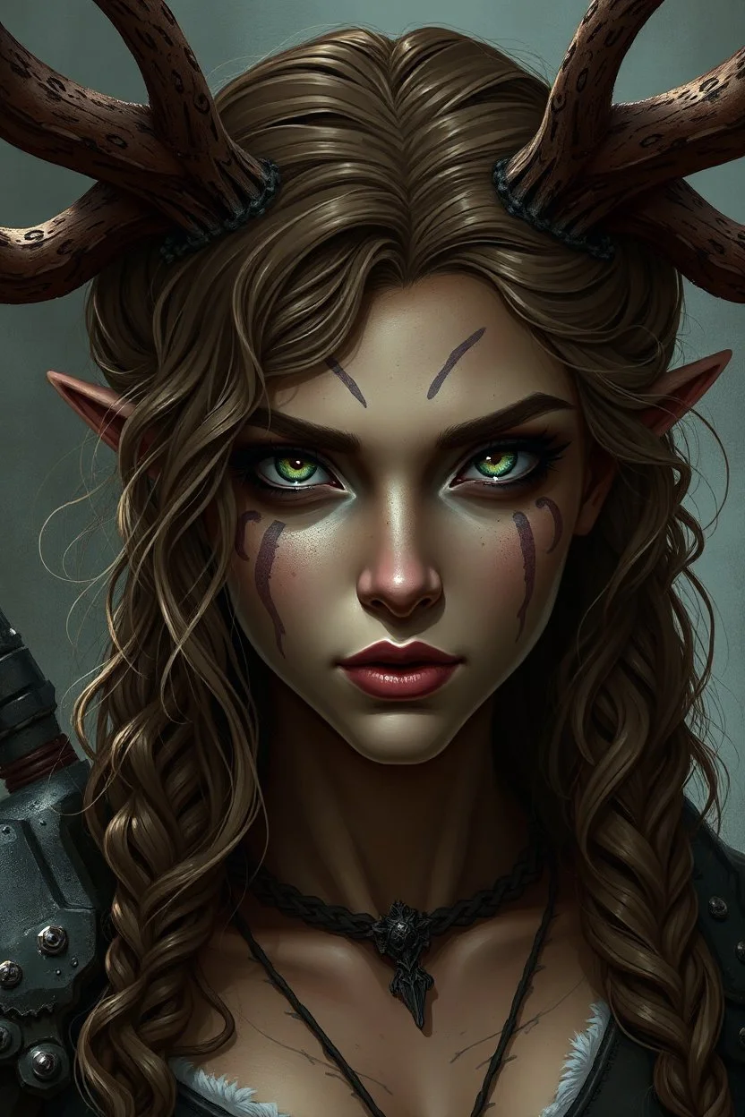 A female fantasy warrior with antlers, olive toned skin, long brown curly hair, green eyes. Quirky face with some type of markings. Grimdark realistic style