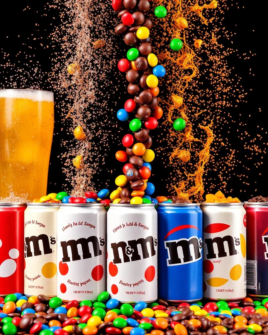 An image of several cans of different sodas side by side at the bottom of the image, from which M&M chocolates are pouring out, and the space is filled with color, chocolate grains, and pieces of fruit in a soda-like atmosphere with happy and beautiful colors.