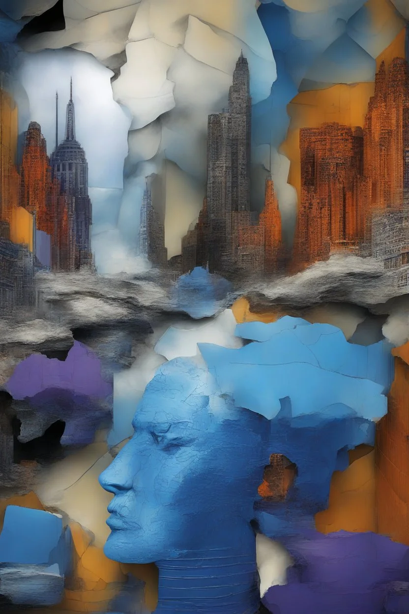 surrealis monochrome A fragmented, surreal sculpture liguid blue color of photorealistic image 3d,psychedelic art glossy emerging from devilish a crumbling empire state building. The face appear and intricate details, evoking a haunting expression. set against a backdrop of stormy, cloud-filled skies. bauhaus art The overall tone is dark blue and moody, suggesting themes of decay and transformation.