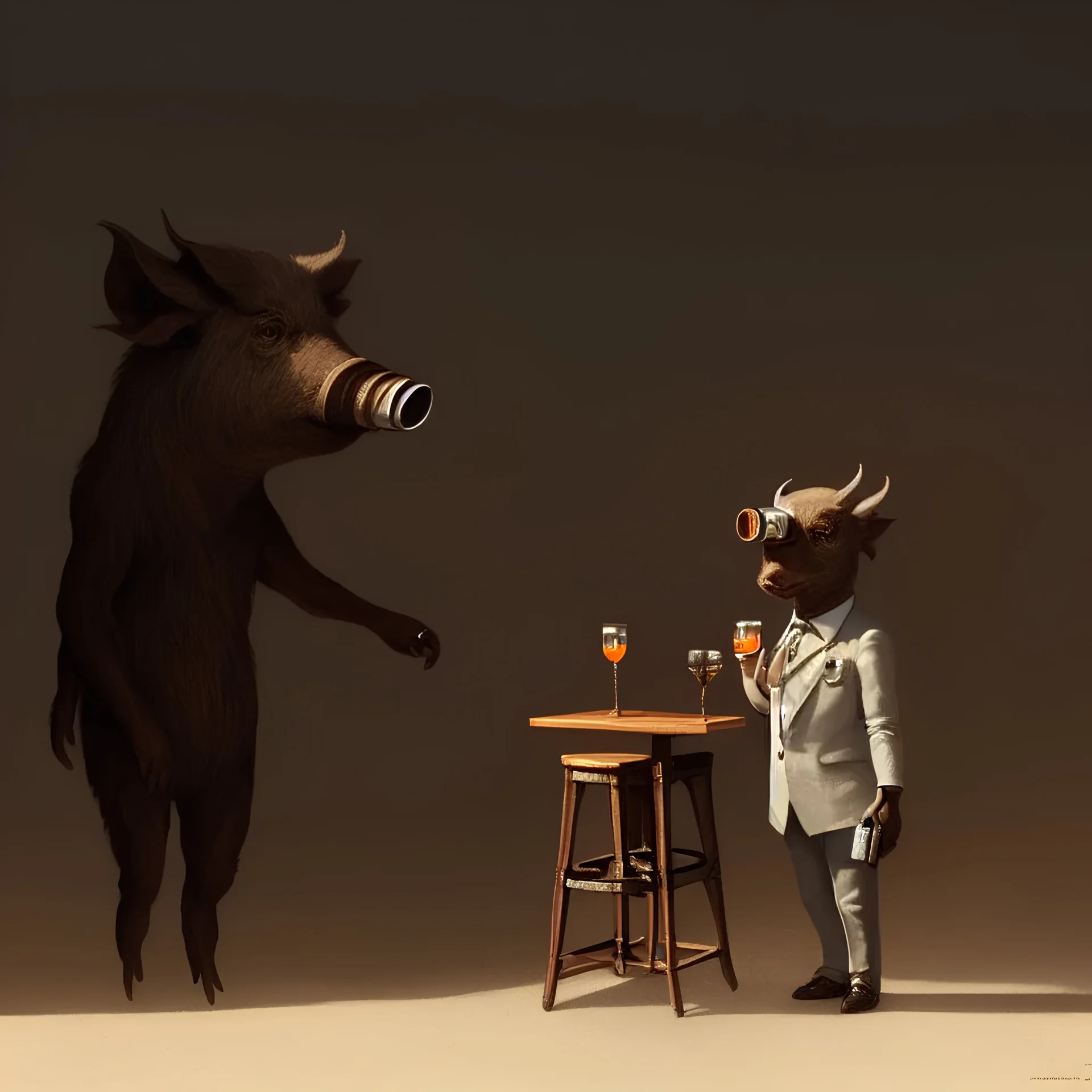 bartender biped, wild pig humanoid anthropomorphic, waiter, in the style of greg rutkowski, trending on artstation, detailed, realistic, hight quality