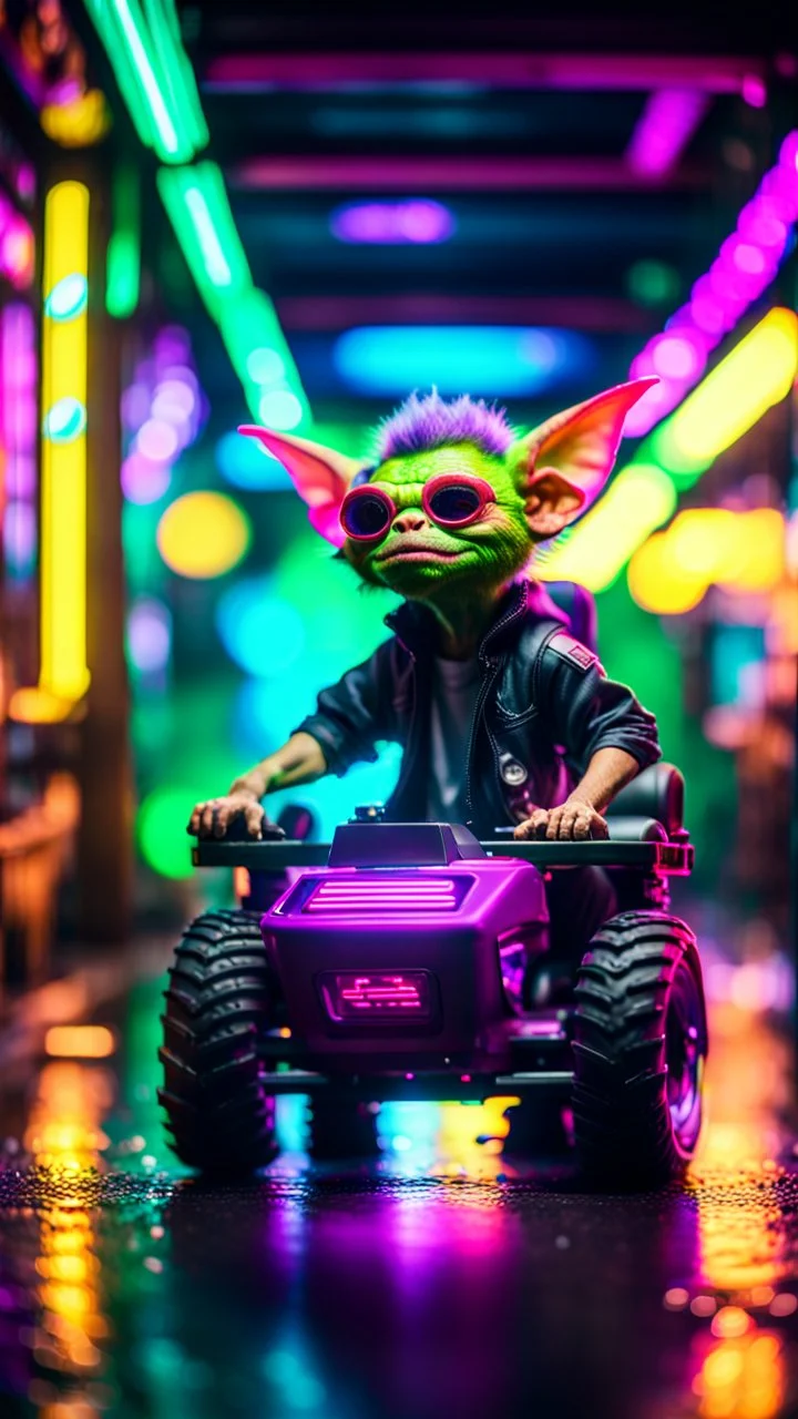 portrait of clone Hairy Gremlin myth buster pimp ninja yoga cyber punk in flying hipster lawn tractor parked in dark neon lit reflective wet arcade hall tunnel,bokeh like f/0.8, tilt-shift lens 8k, high detail, smooth render, down-light, unreal engine, prize winning