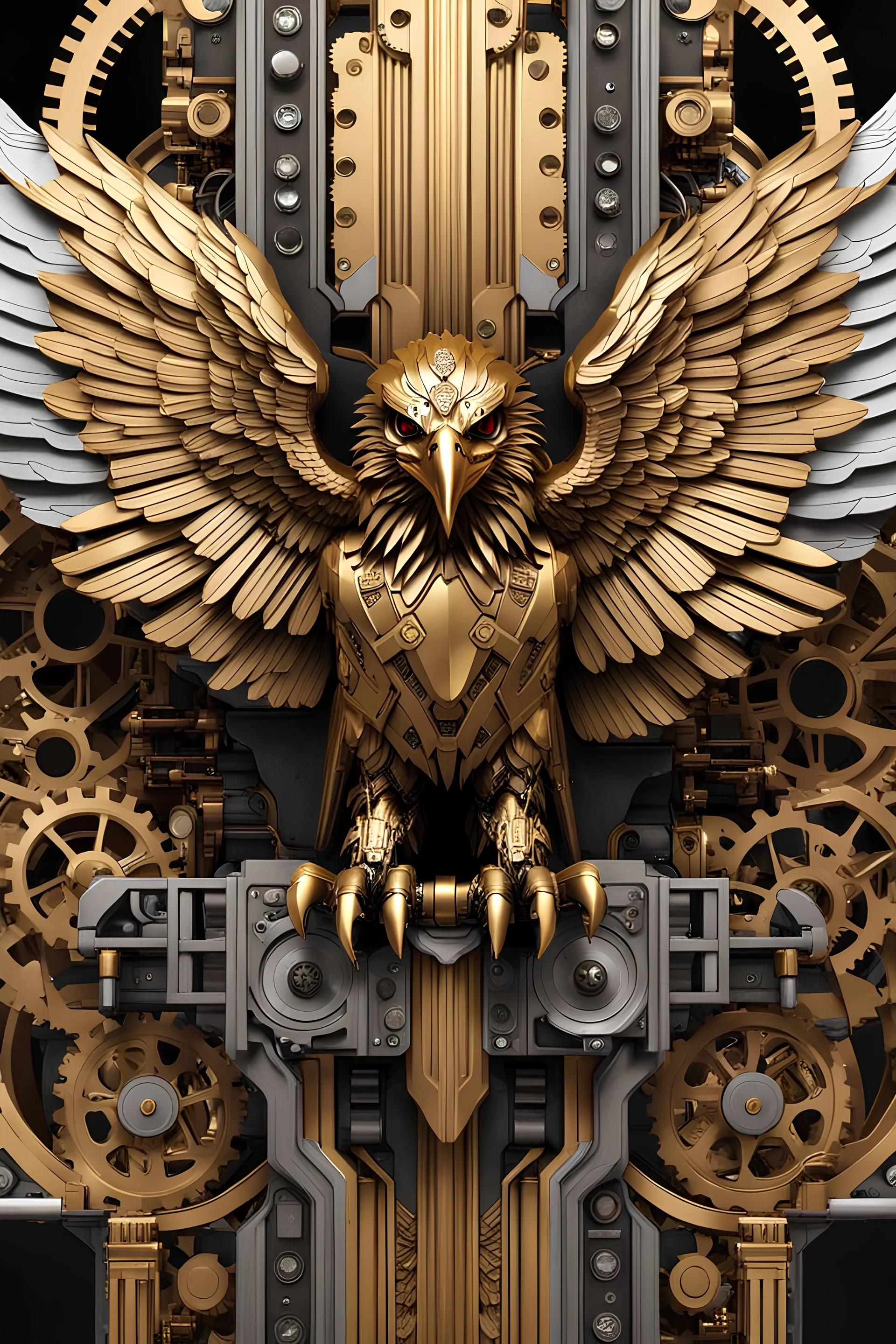 Facing front mechanical cyborg eagle straddle wings detailed, intricate, mechanical, gears cogs cables wires circuits, gold silver chrome copper