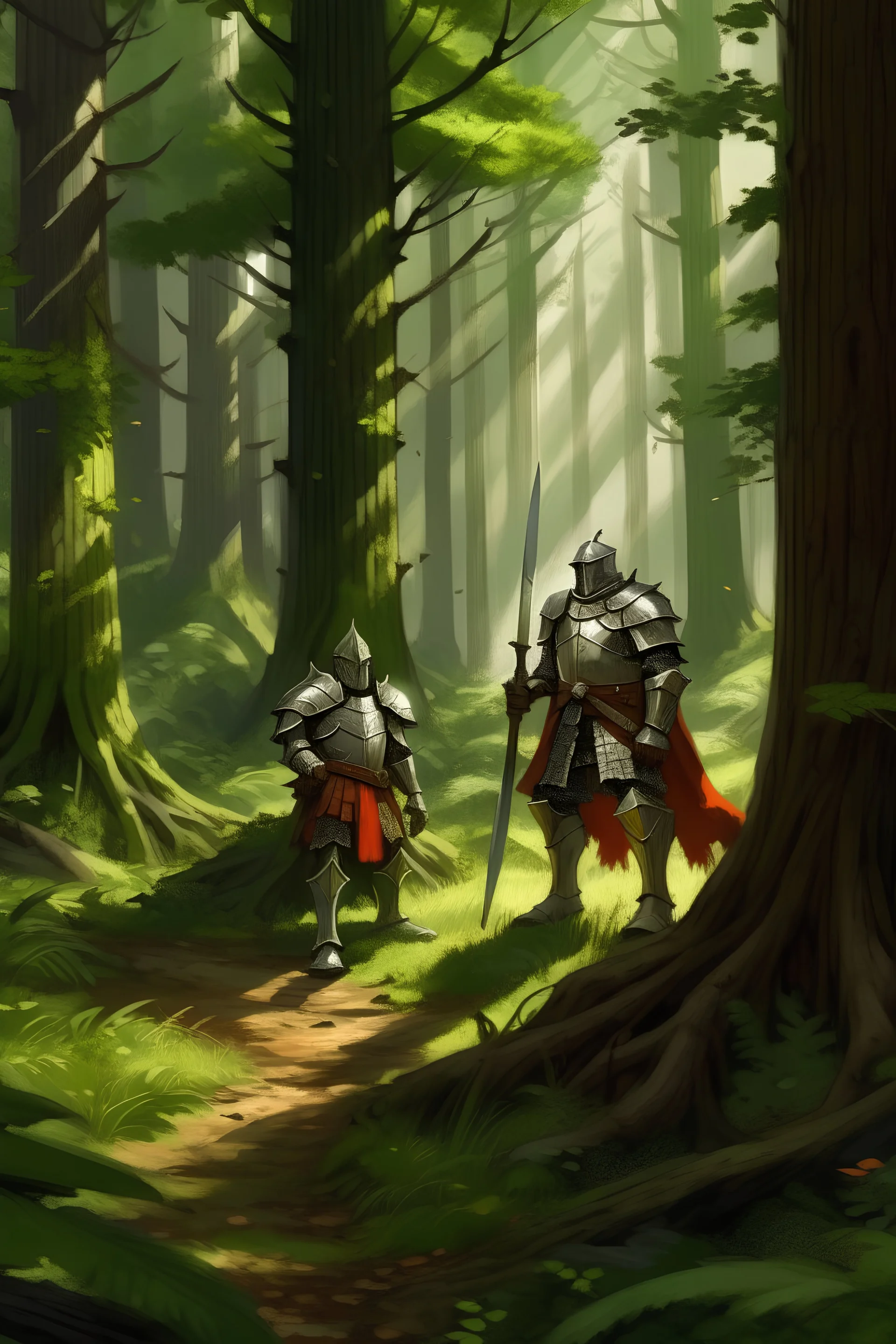 a Knight and a squire in a forest