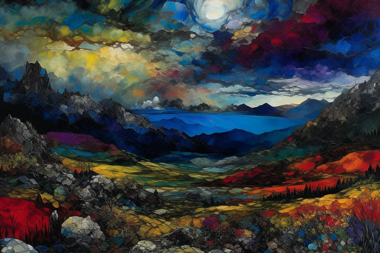 dark winter has set in leaving me alone, a storm builds over the distant mountains, vivid colors, strong distinct foreground, very strong outlines, over-saturated colors, Edward Atkinson Hornel, John Hoyland,, Kim Keever, Thom, (champlevé) watercolor, pastel, ink , arthur rackham, monet, Dufy, Chagall, Crivelli, Vallotton, Andy Kehoe, watercolor, ink painting rendered in plique-à-jour technique, style of Andy Kehoe... Modifiers: intricate beautiful award winning crisp quality dramatic watercolor