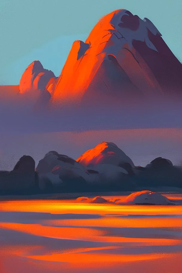 a paint of big rock mountains with and orange dawn sky