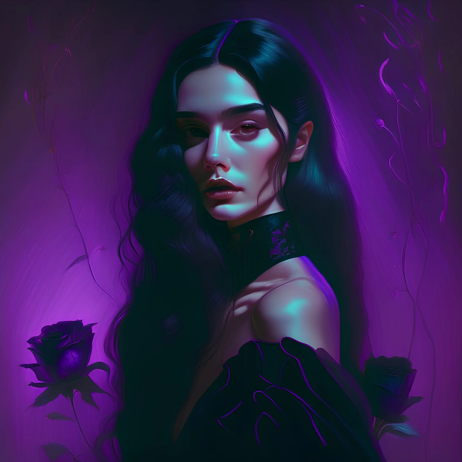 painting by koson ohara and marta bevacqua, portrait of a beautiful goth woman with long black hair, wearing a black dress, purple neon lighting black rose background , 8k, high quality, highly detailed full body