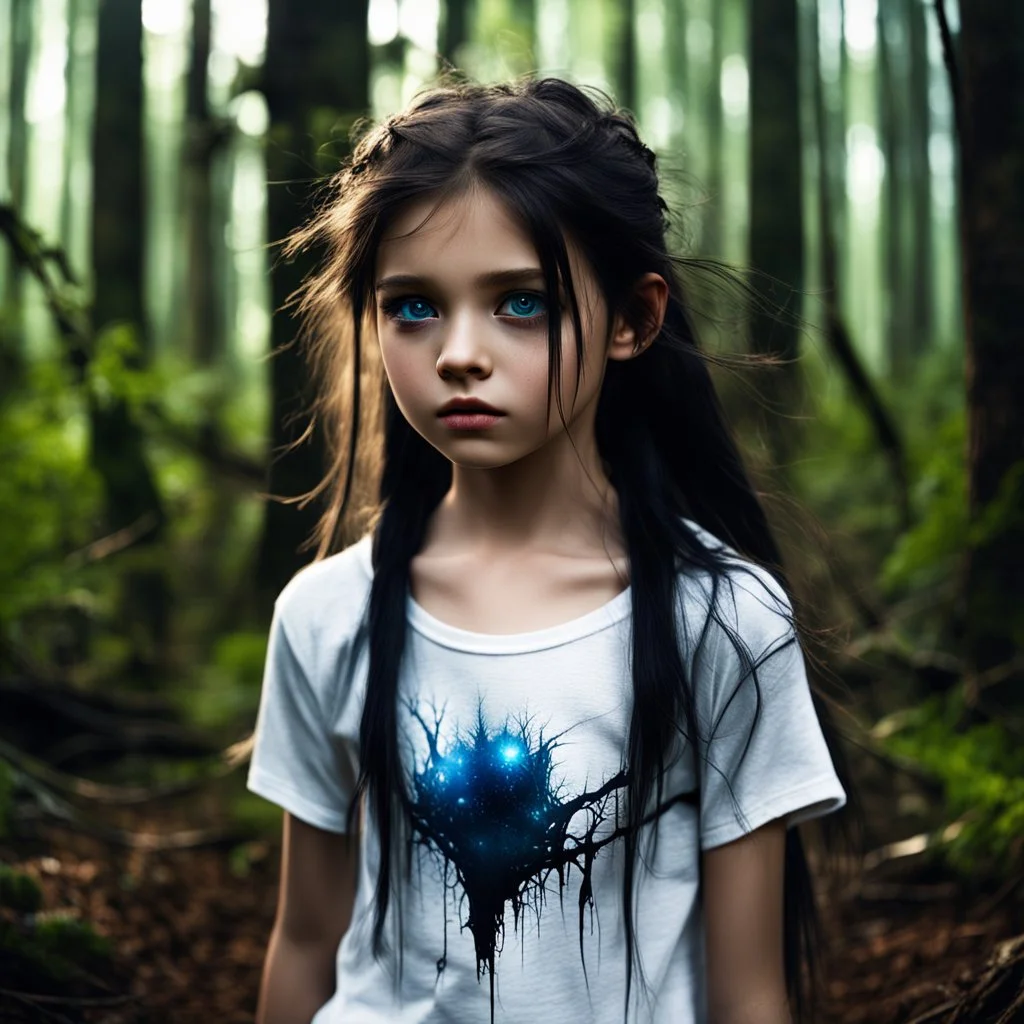 12 year old girl with dark tangled hair and blue eyes wearing a ripped and dirty white teeshirt, in a forest , photorealistic, dark fantasy