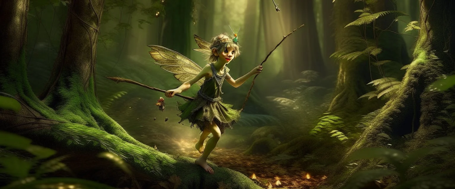 pixie quickling with background motion blur, in magical forest scene, in the style of Rembrandt