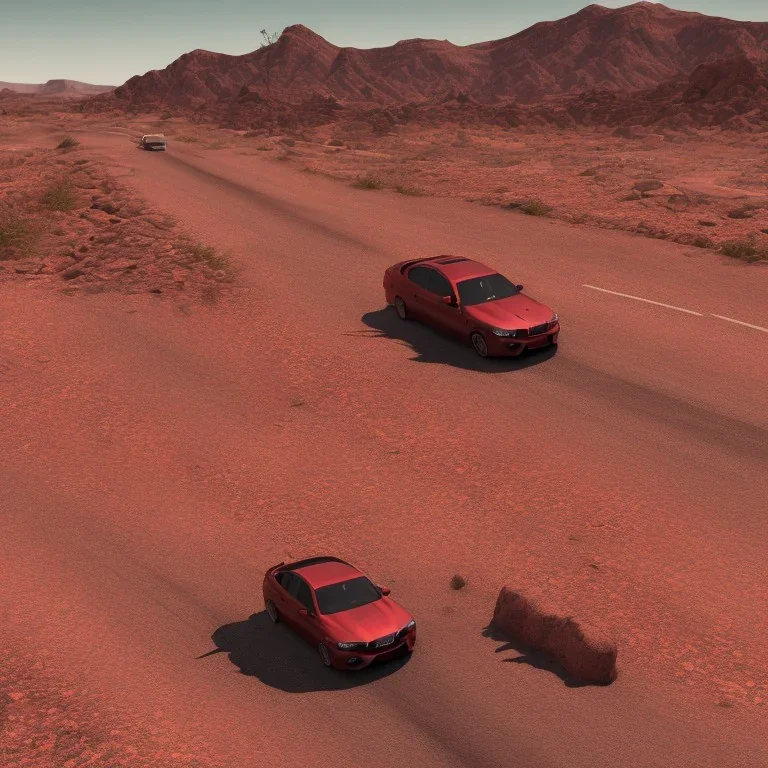 Cherry Red BMW M5 driving on a smooth asphalt road in the desert