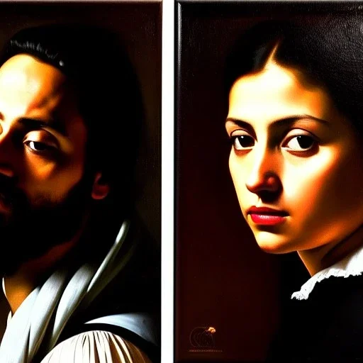 portrait of Jacobo Santiago Mozos born in 1976 and Gemma Arnau Arnau born in 1979,Caravaggio, oil on canvas, cinematic composition, extreme detail,8k,fit full head inside picture,