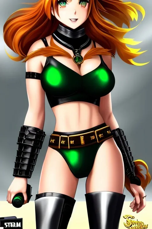 In the style of Shadman, hyper detailed, strikingly beautiful teen female, 16 years old, long ponytail, ginger hair, green eyes, medium freckles, full lips, micro top, black leather armour lined with fur, full body, full face, tiny breasts, athletic, centred camera, ignore NSFW, thong, camel toe, athletic