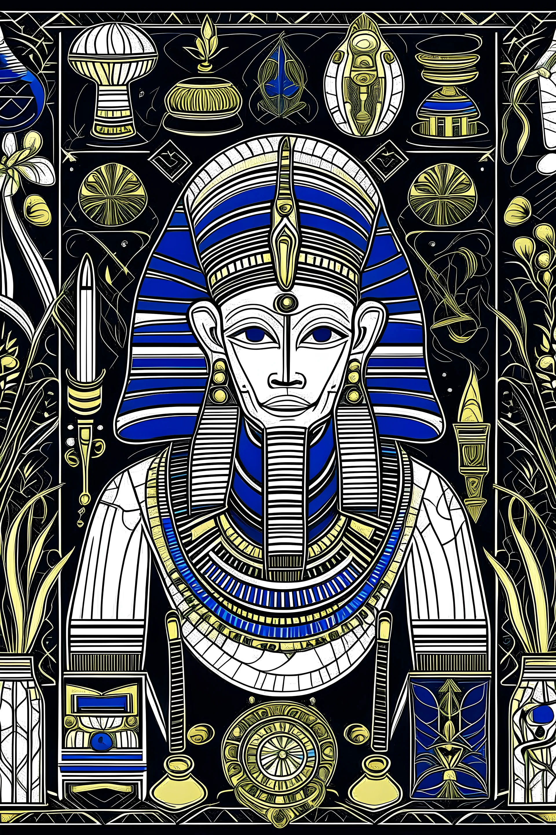 Create black and white, coloring page, Channel the splendor of King Tutankhamun's tomb with a pattern showcasing treasures such as golden sarcophagi, intricate jewelry, and ceremonial artifacts, set amidst a backdrop of rich ebony and lapis lazuli, white background, art line.
