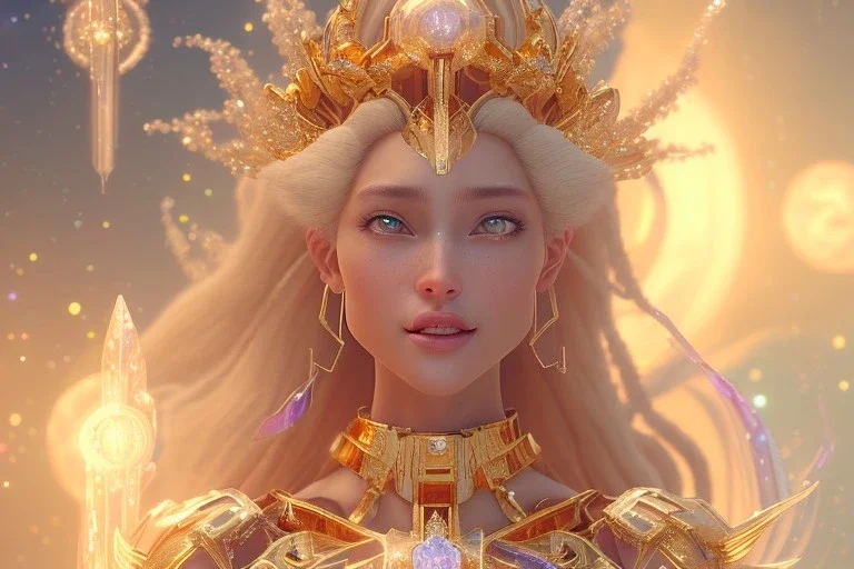 very beautiful crystal and gold goddess in a galactic ambiance, nice smiling, transparent petals, delicate colors, full of details, smooth, bright sunshine，soft light atmosphere, light effect，vaporwave colorful, concept art, smooth, extremely sharp detail, finely tuned detail, ultra high definition, 8 k, unreal engine 5, ultra sharp focus