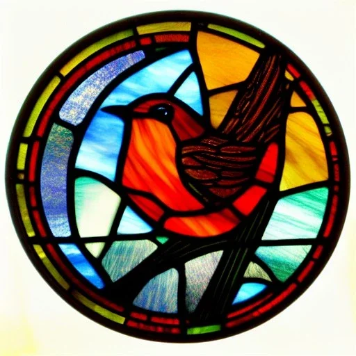 round coaster of robin with stained glass window effect, highly detailed, intricate, warm colors, stained glass window, glossy from rain, warm lighting, dramatic lighting