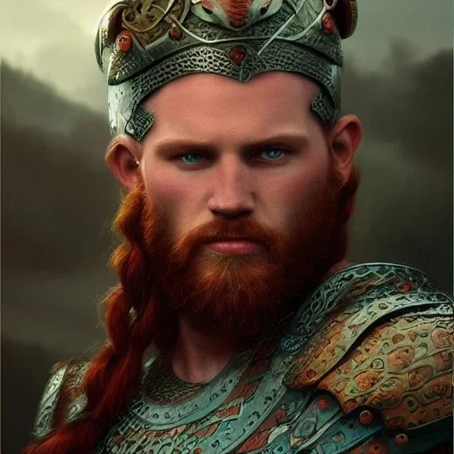 highly detailed portrait viking king art, red hair, blue glass eyes, green glass steel armor, cinematic lighting, 4k, 8k, octane render, digital concept art, trending on artstation, pinterest, extremely detailed, ambient lighting.