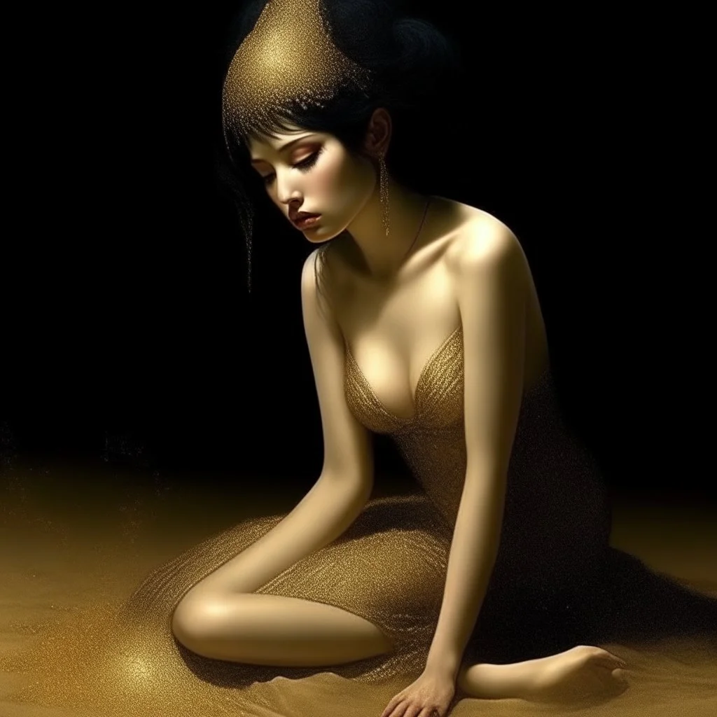 (Masterpiece1:5) By(Jan Saudek:Natalie Shau:1.5) (highest quality) (ultradetailed:1.5),bright Foreground with (gold sparkles floating Intricately through the painting:1.5),attractive and content black haired woman 😁, the beach with snoot lighting is the defining light source,gold dress melting into the sand 😅),dreamlike, (surreal:0.5) beach with soft sand, High contrasts, vibrant colors, flawless Composition,Soft Lighting Create Depth Of Field. accentuates the beauty of the