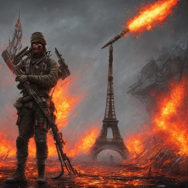 fantassin zombie utilise lance flammes, armée française, bonbonnes napalm dans le dos, yeux rouges, Tour Eiffel en fond. Uniforme noir sale et déchiré. deux bras. deux jambes, un torse, un visage. 4k. Rue de la ville de paris. Rue en flammes. Réaliste