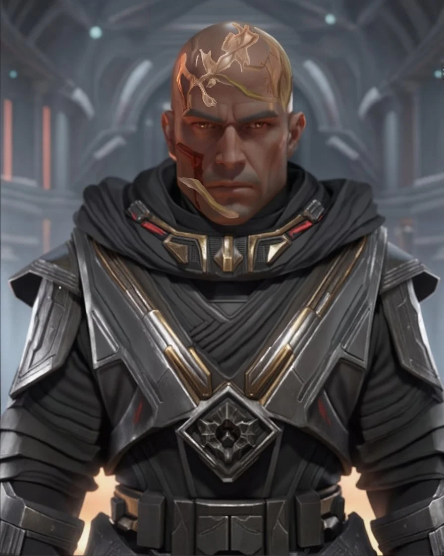 star wars bald male corellian jedi wearing gunmetal grey and black old republic armored flightsuit with gold and metallic red trim inside the jedi temple, centered head and shoulders portrait, hyperdetailed, dynamic lighting, hyperdetailed background, 8k resolution, volumetric lighting, light skin, fully symmetric details