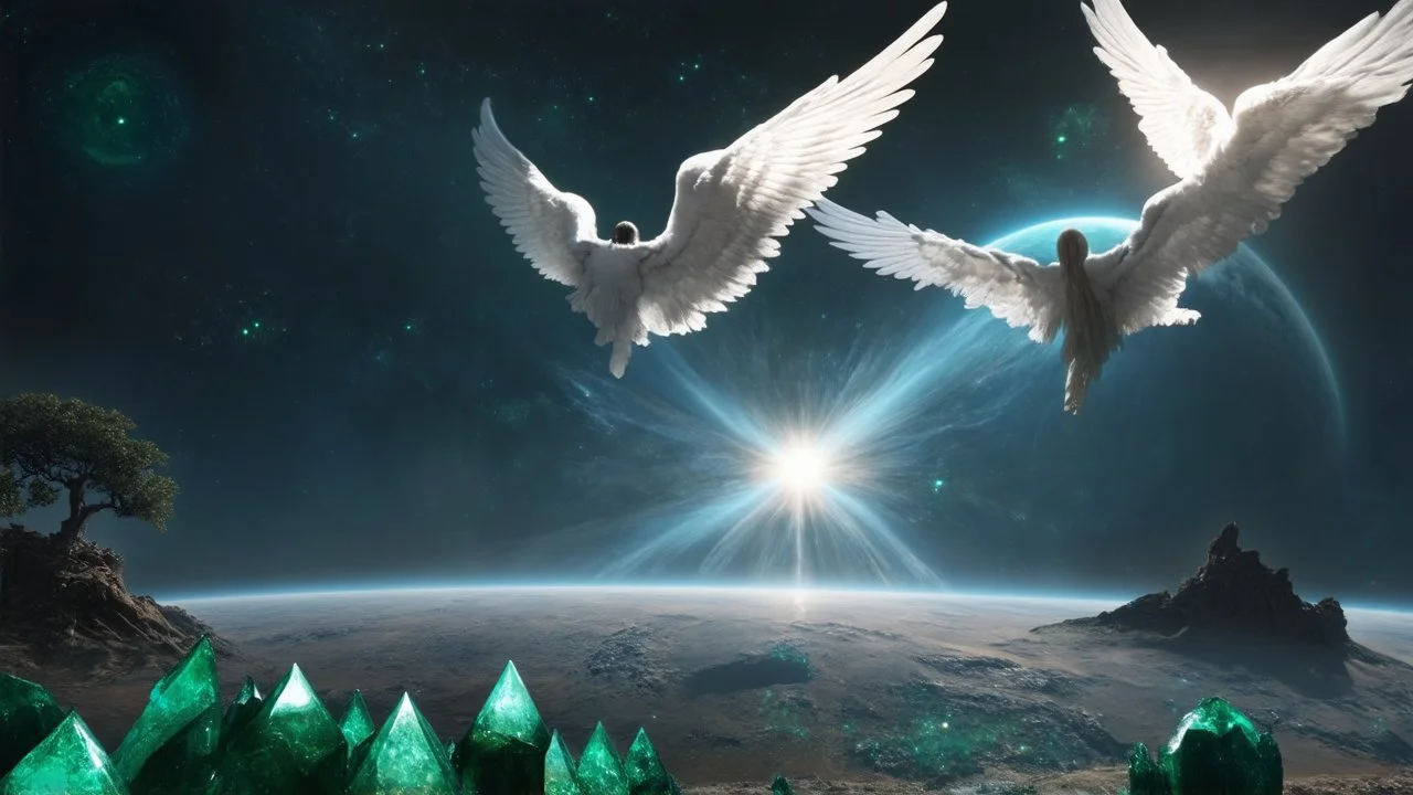 matrix universe, space, planets, god creation, angels from other dimensions with beautiful wings, trees on the planet, behind green crystals of light, few tiberium monolith deposits on the planet near tree,