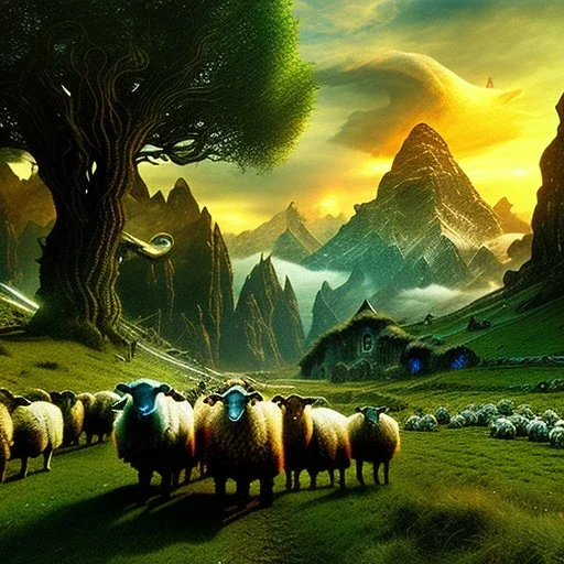 Epic Drawing of mordor scenery with sheeps of The Hobbit estilo Van Gogh 4k