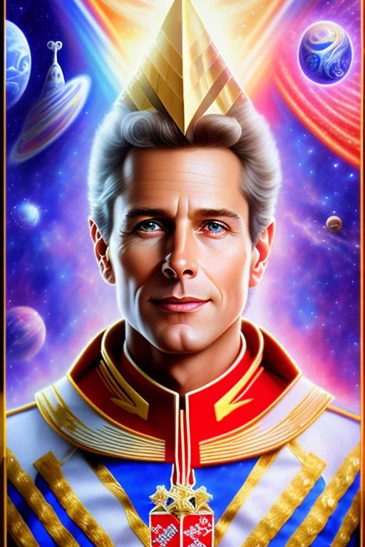 young cosmic man admiral from the future, one fine whole face, large cosmic forehead, crystalline skin, expressive blue eyes, blue hair, smiling lips, very nice smile, costume pleiadian,rainbow ufo Beautiful tall woman pleiadian Galactic commander, ship, perfect datailed golden galactic suit, high rank, long blond hair, hand whit five perfect detailed finger, amazing big blue eyes, smilling mouth, high drfinition lips, cosmic happiness, bright colors, blue, pink, gold, jewels, realistic, real