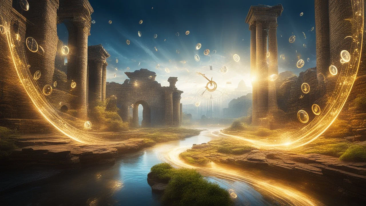 The concept of 'time' visualized as a flowing river of shimmering light, weaving through a landscape of floating clocks and ancient ruins