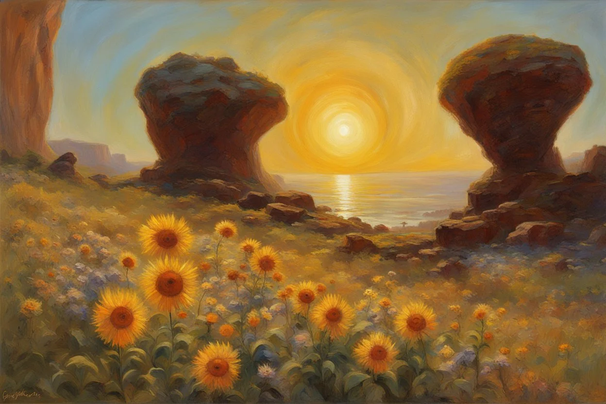 sunny day, planet in the sky, rocks, flowers, cliffs, sci-fi, friedrich eckenfelder and henry luyten impressionism paintings