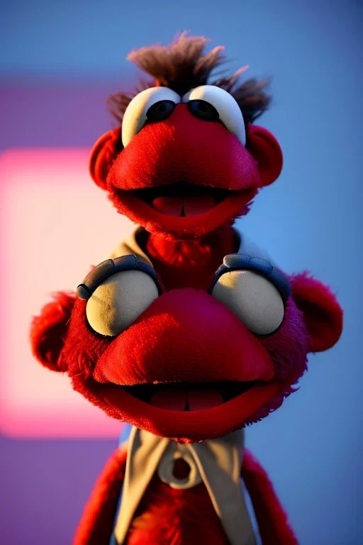 Waist up muppet Portrait, Nicolás maduro muppet doll, mustache, photo studio, red background, unreal engine 5, concept art, art station, ray tracing, lumen lighting, ultra detail, volumetric lighting, 3d.