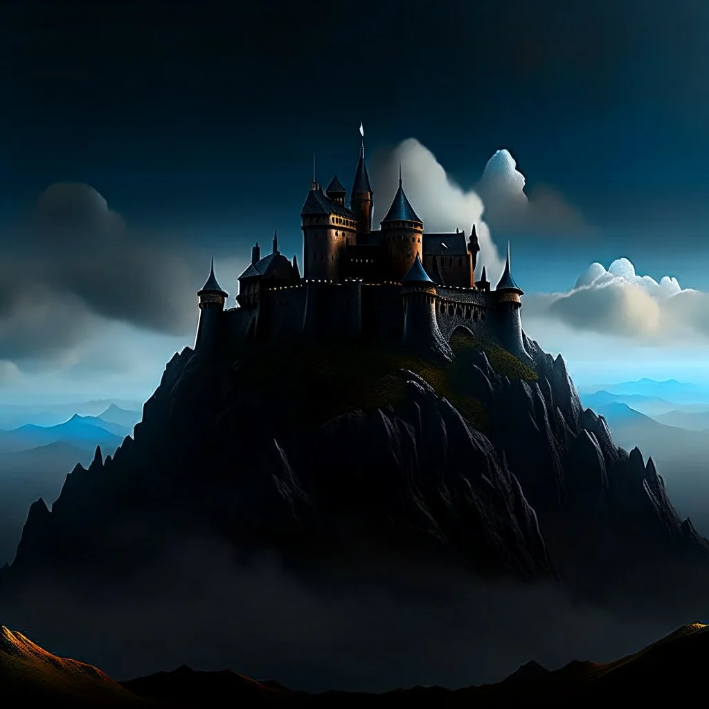 a black and menacing castle floating in midst air, hilly environment, cloudy sky