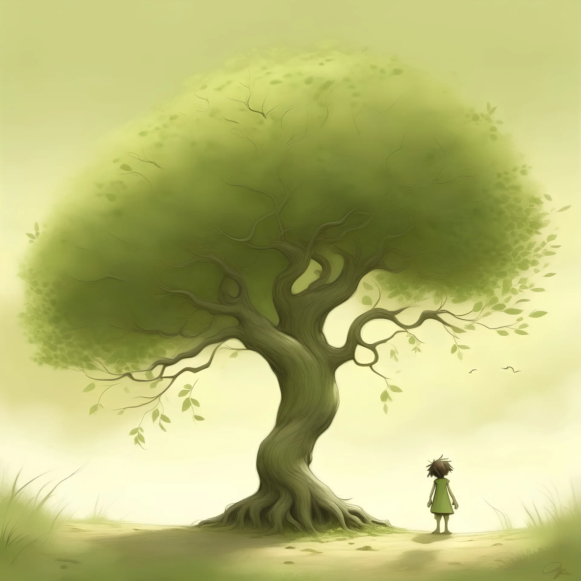 I want a two-dimensional picture of an olive tree. The title of the picture is the Tree of Hope, and there is a little girl next to it