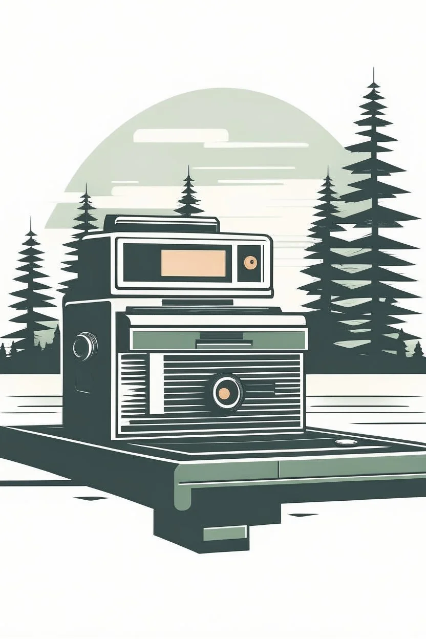 A classic Polaroid camera rests open on a wooden dock, overlooking a misty lake at dawn. Lush pine trees line the shore, with a lone loon calling out in the distance. Style: Vintage, Mood: Tranquil, Lighting: Soft, cool morning light, T-shirt design graphic, vector, contour, white background.