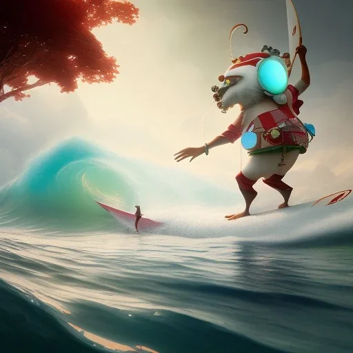 Santa standing of surfboard surfing a big wave, empty hands, beach, character design by cory loftis, fenghua zhong, ryohei hase, ismail inceoglu and ruan jia. unreal engine 5, artistic lighting, highly detailed, photorealistic, fantasy