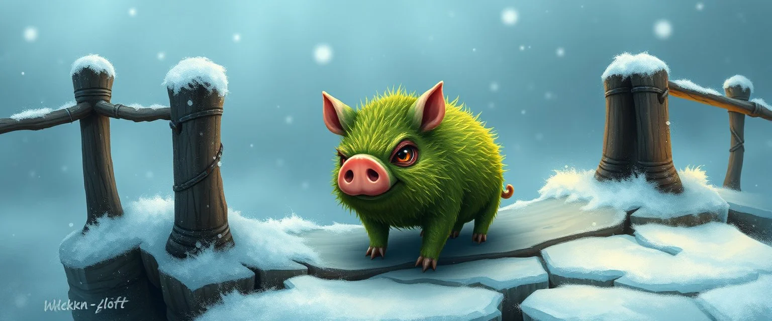 clever cute little evil moss pig named yutt, on icy bridge
