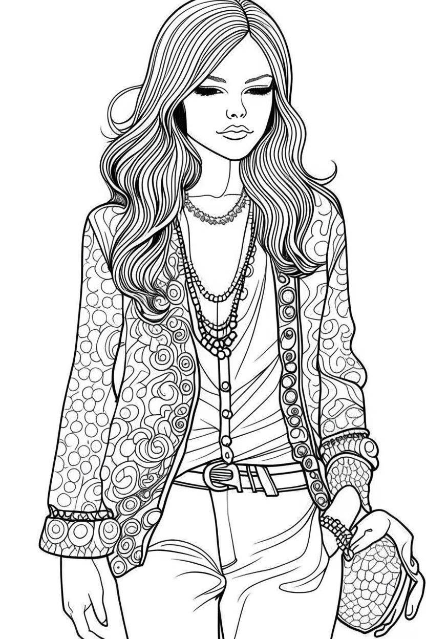 Outline art for coloring page OF 1960'S HIPPIE WOMEN'S BLOUSE, coloring page, white background, Sketch style, only use outline, clean line art, white background, no shadows, no shading, no color, clear