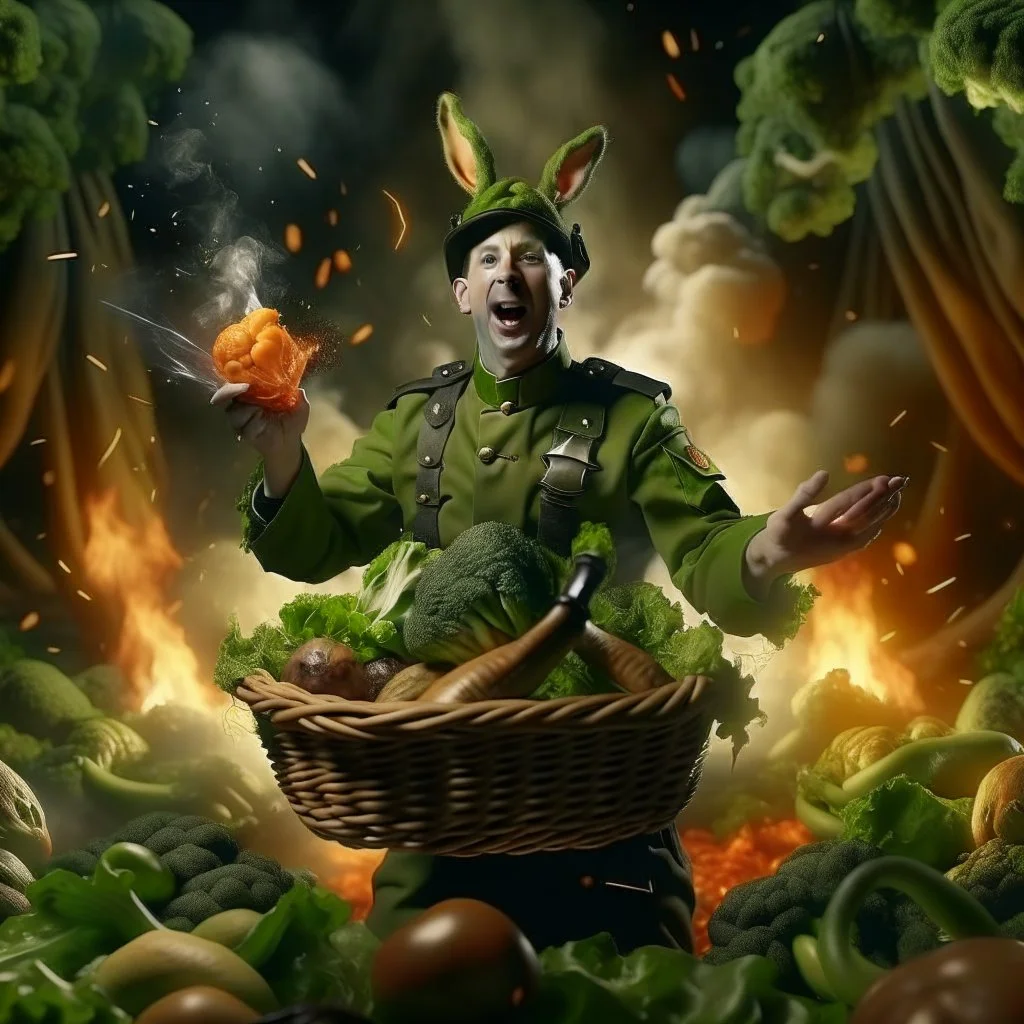 victory portrait of crazy cook army officer dunking vegetables in basket inside grove with fluffy hare with mutations getting blasted by explosions, 4 k, down-light, soft light, depth of field, photo realism, trending on art station, high detail, spray paint