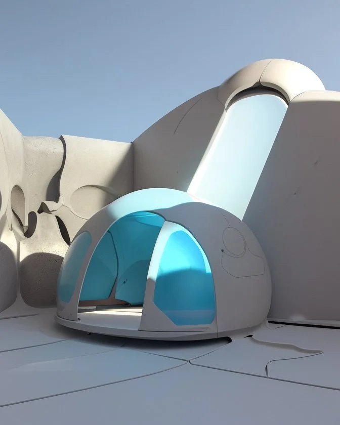 3D representation of architectural wonder, with a concrete design and matte reddish glass that contrasts with the light blue sky, emphasizing organic movement. Its design represents an ant with a bulbous tail and membrane wings with solar panels, its tail is made of concrete and glass. It stands out from pedestrians, creating a sense of scale. In open space, its use is a public place and as a great viewpoint in the mountains Combination of practicality and artistic expression in architecture