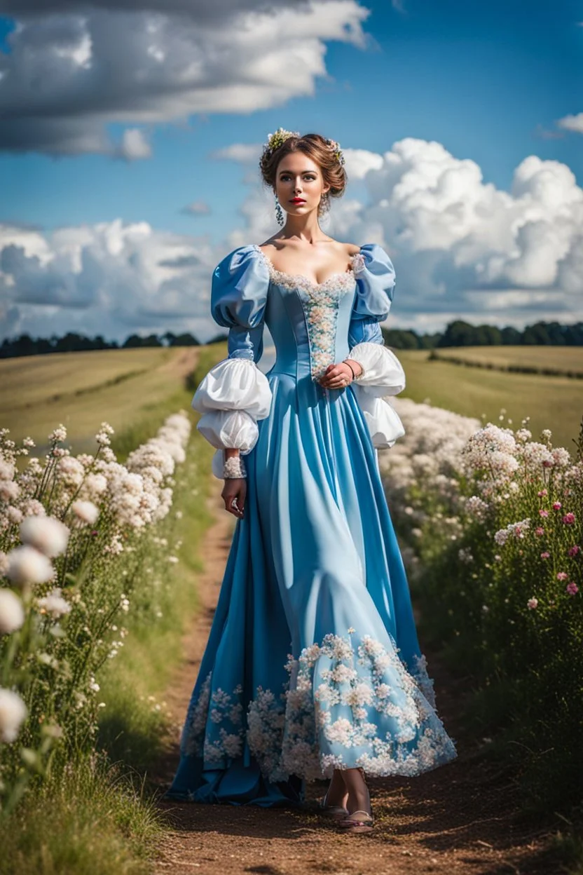 fullbody girl makeup wearing a victorian dress walking in country side ,flowers ,pretty clouds in blue sky