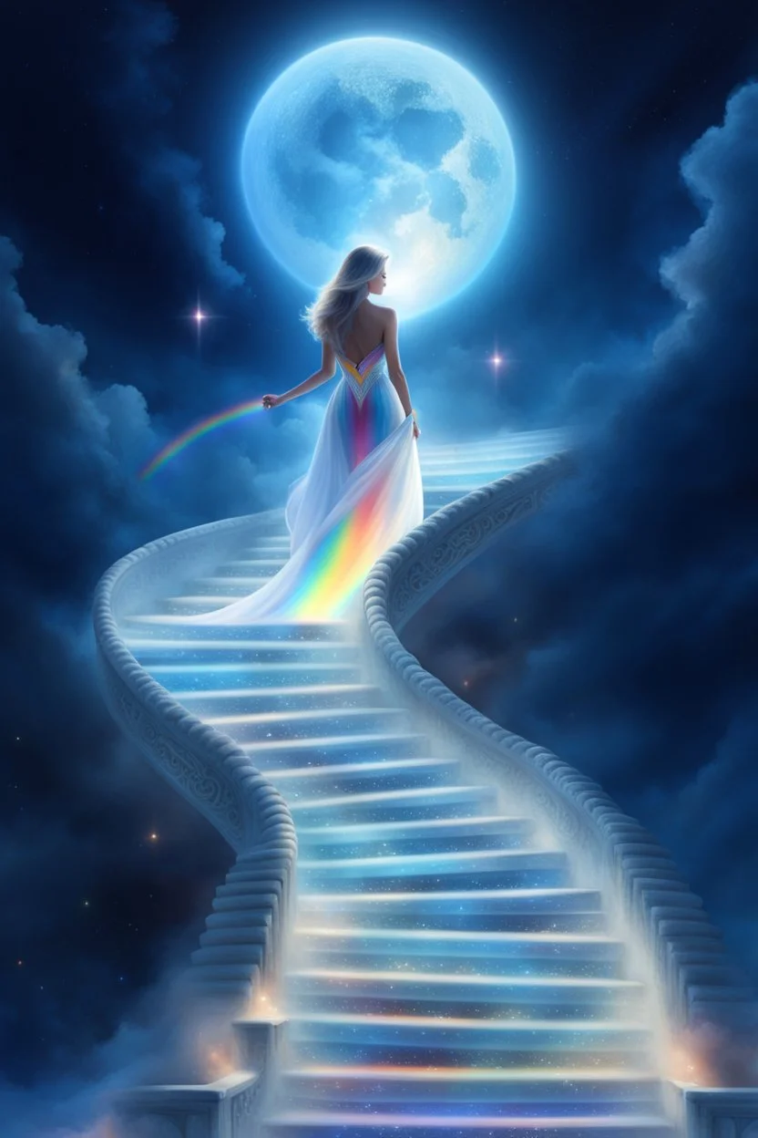 fantastic,Beautiful woman, stairway to heaven whit rainbow, ufos futuriste très beau