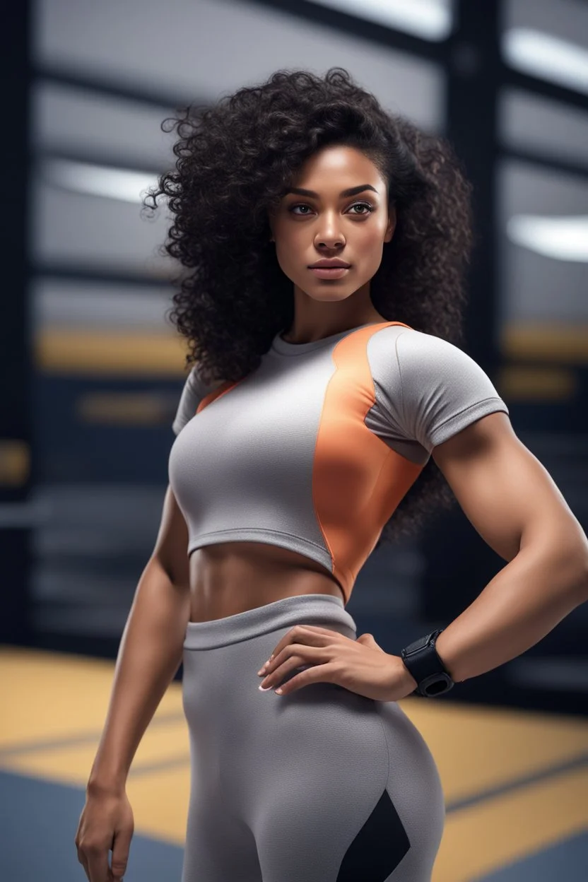 Craft an 8K photorealistic masterpiece of a 18-37 years old female Instagram influencer with curly black hair in gym attire. Approach it in a selfie perspective using softbox lighting, detailed skin and hair, a bokeh background, and depth of field in a closeup shot style. Retain realism in eyes and face with natural skin texture, high contrast and resolution mirroring 35mm film camera quality. Avoid watermarks, text, low resolution, bad anatomy, and blurry focus.