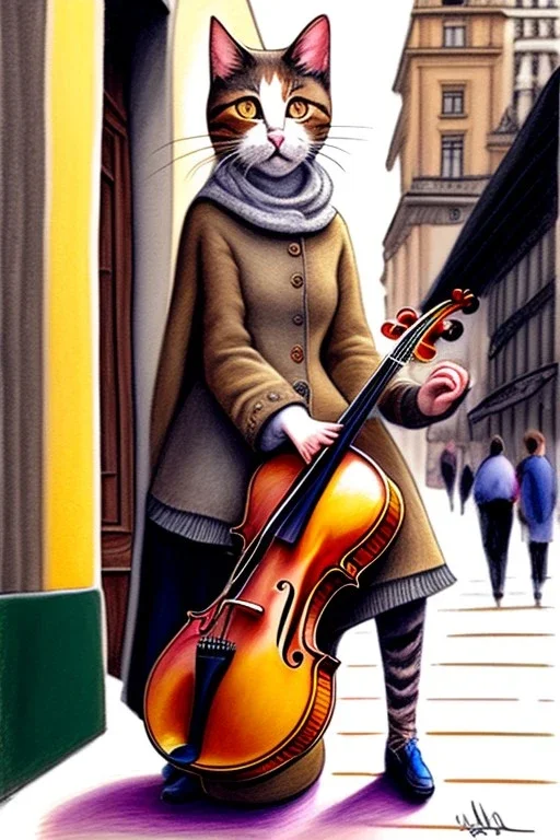 One single female cat playing violin on the street, Vienna, colours, smiling, model style, hyper realistic, extremely accurate, delicate, extremely detailed, Graphic novel style, wide-angle, open aperture, superfine pencil