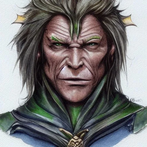 dungeons and dragons, fantasy, goblin, king, green skin, watercolour, distinct face, portrait, head