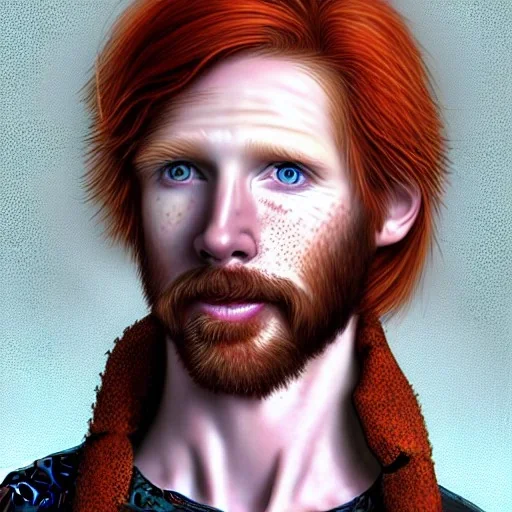 Portrait of young Courtney Gains as a ruggedly handsome, joyful, roguish pirate, charismatic, attractive male, masculine, perfect, precisely detailed clear eyes, unblemished, flawless skin, softly freckled face; meticulously detailed multi-hued ginger carrot-colored cherry fire red hair; fantasy, intricate, elegant, highly detailed, digital painting, concept art, matte, sharp focus, illustration, art by artgerm and greg rutkowski and alphonse mucha