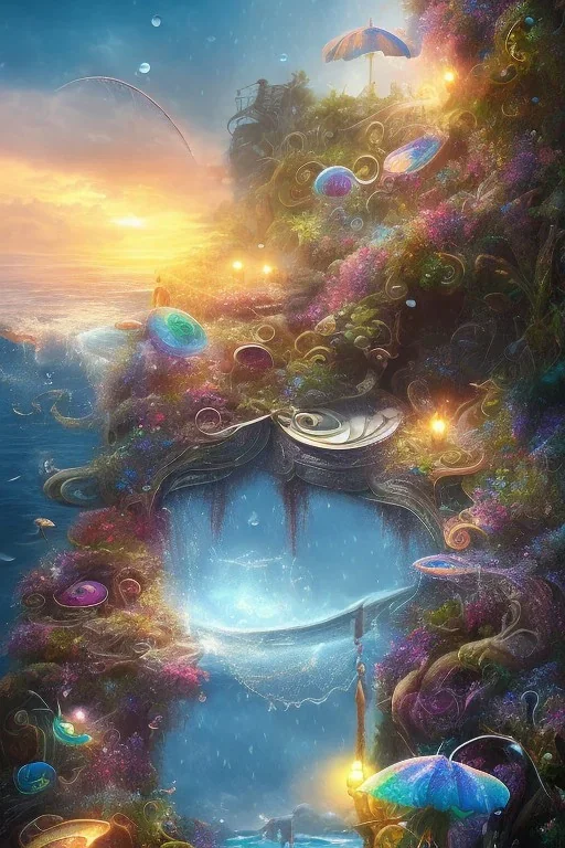 mystical beach, peacock, mystical, dreamlike, romanticism, fine detail, high quality, raining, rain droplets, beautiful colors, soft lighting, fish,