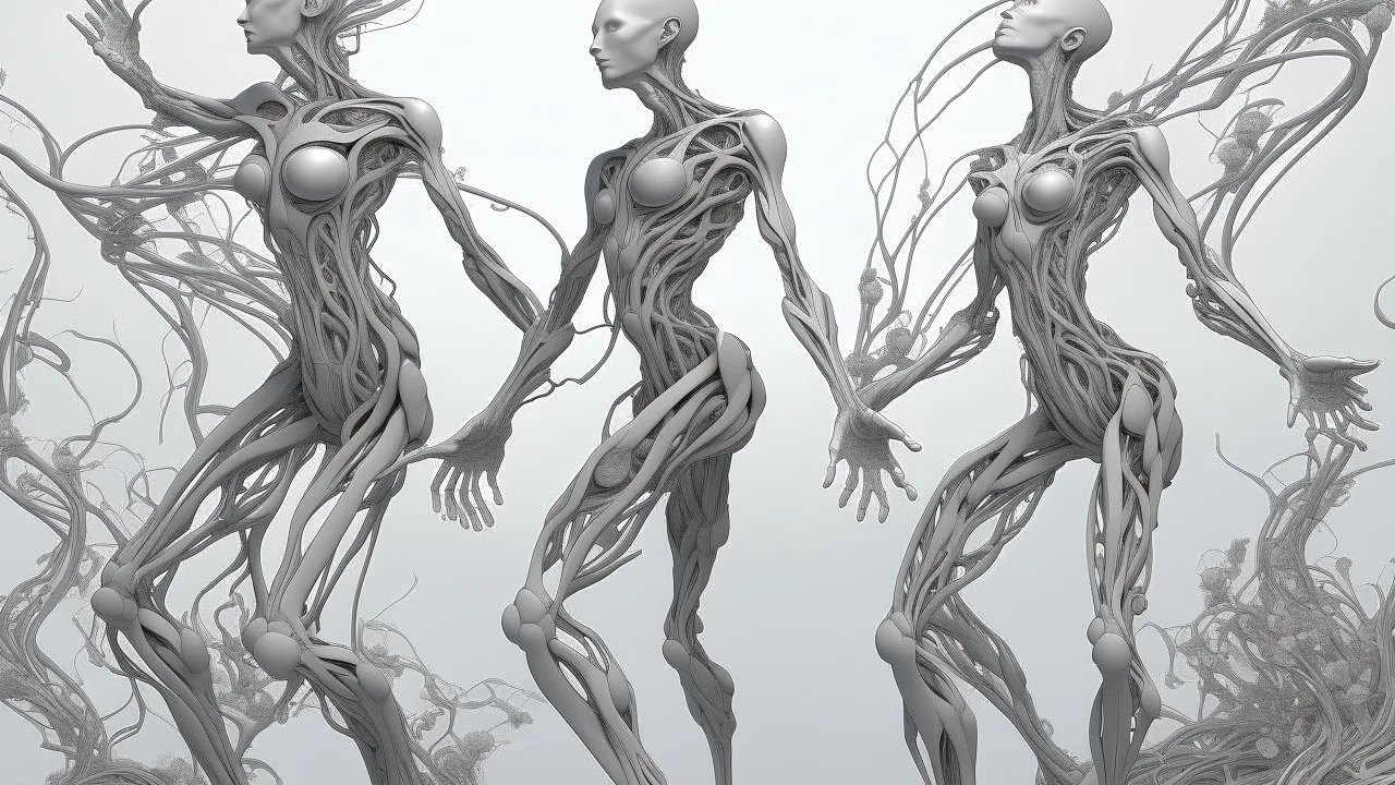 Image is a digital artwork featuring a group of humanoid figures composed entirely of intricate, metallic, vine-like structures. These figures are set against a soft, misty background, creating a surreal and ethereal atmosphere. The figures are positioned in various poses, with arms raised and intertwined, suggesting movement or interaction. The metallic vines form complex patterns that mimic the musculature and anatomy of human bodies, with a reflective, silver-gray surface that catches the lig