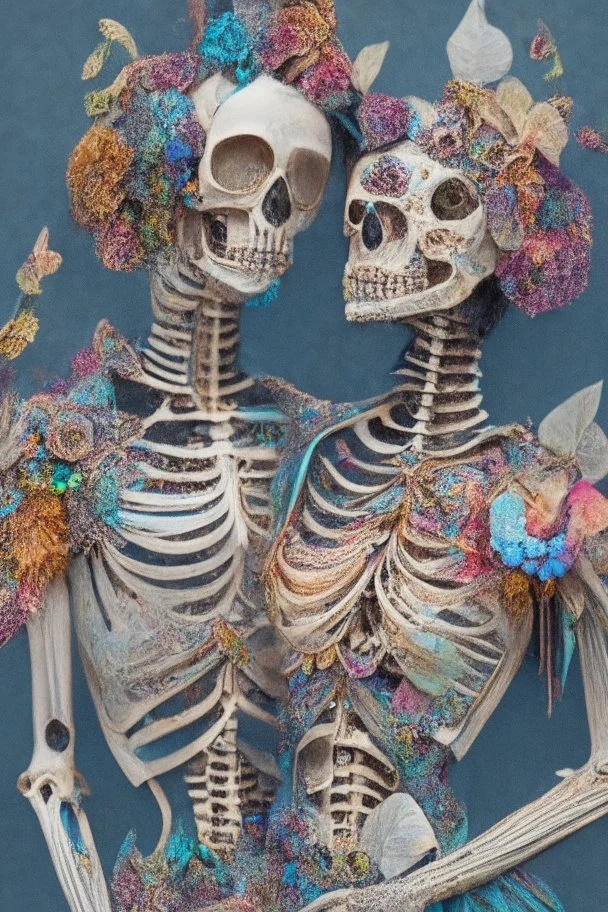 Partially skeletonized couple cobbled together with paper mache from magazine clippings and covered in mixed media such as feathers, foliage, flowers, gemstones, and shiny gewgaws; quilling, award-winning, masterpiece, portfolio piece, fantastical, Intricate, Hyperdetailed, Holographic, Magnificent, Meticulous, Mysterious