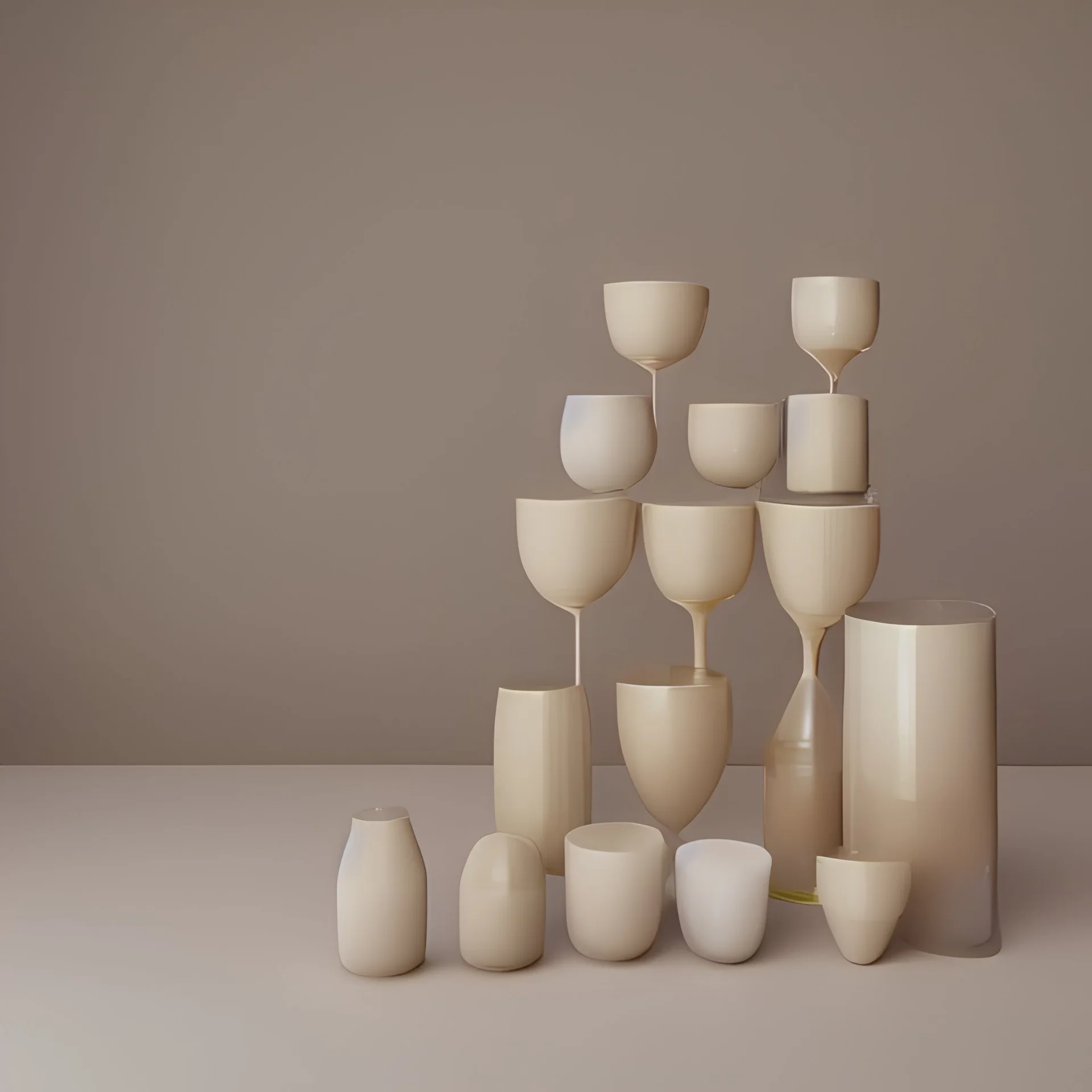 studio photography of a set of highly detailed irregular non-existent glass products, stacked in impossible balance, perfect composition, film studio light, beige color scheme, indirect lighting, 8k, elegant and luxurious style