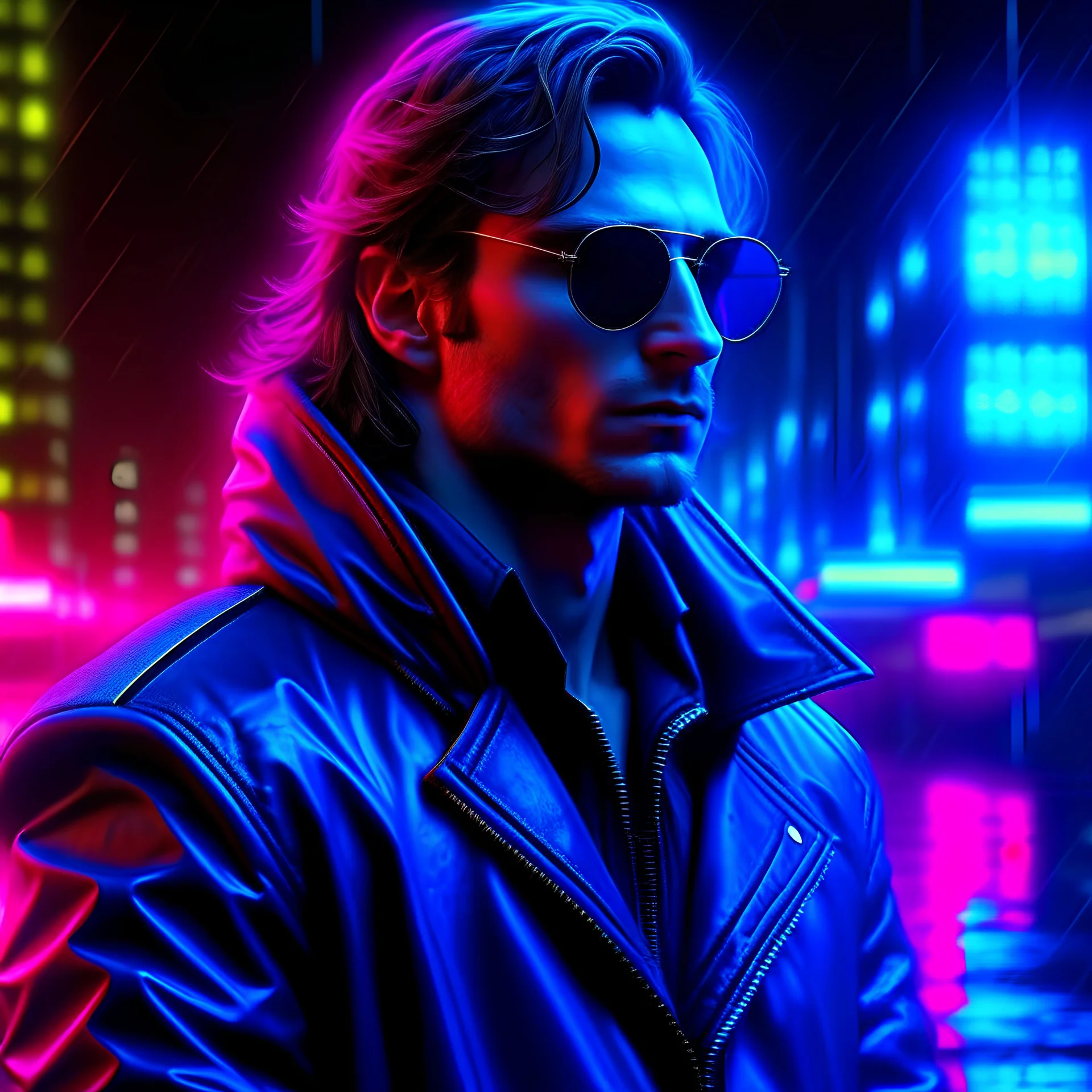 Zack Efron frontal wearing sunglasses, very long hair and a leather jacket, dark rainy city and blue neons background, photo-realistic synthwave, darksynth, retrowave, Syd Mead style