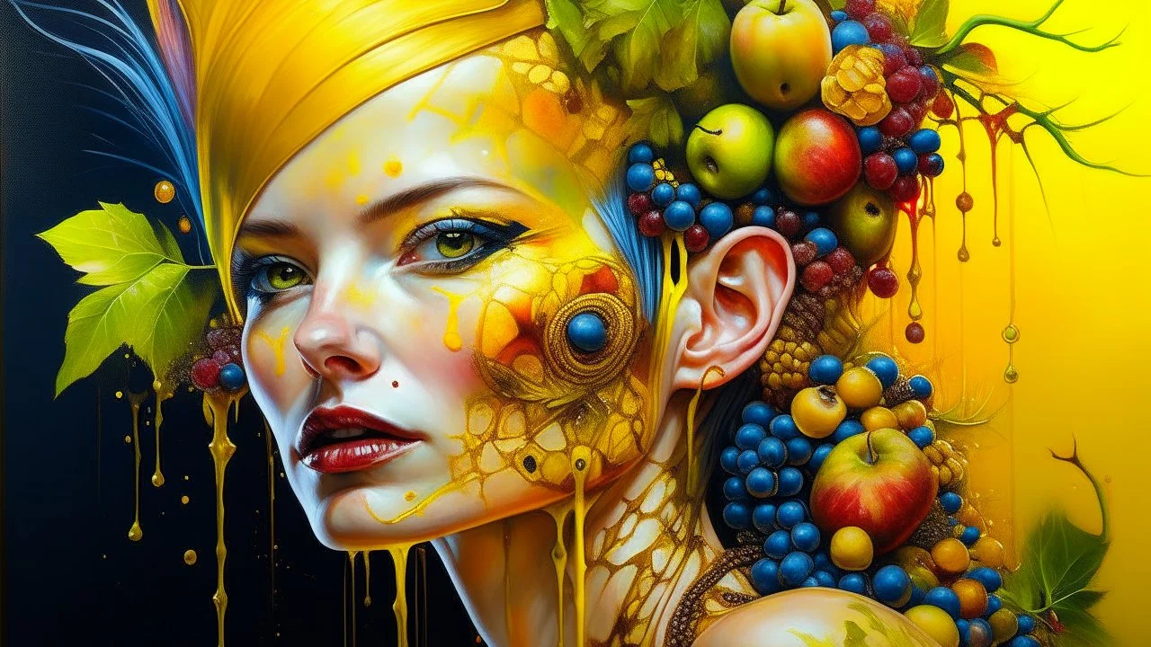 Punk woman 49 years old, hair made of Fruits, Grapes, tangerines, gold, gouache, watercolor, acrylic, paint drips, branches, fine drawing, golden makeup, bees, tattoo, alien, bright colors, fine drawing, double exposure, high detail , high resolution, 8K, 3D, bees,